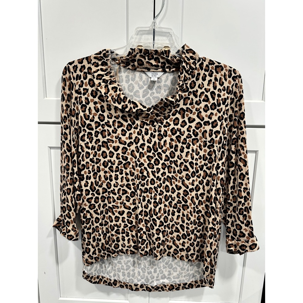 Crown & Ivy Women's Leopard Print Ruffle Neck 3/4 Sleeve Shirt‎ Top Size M
